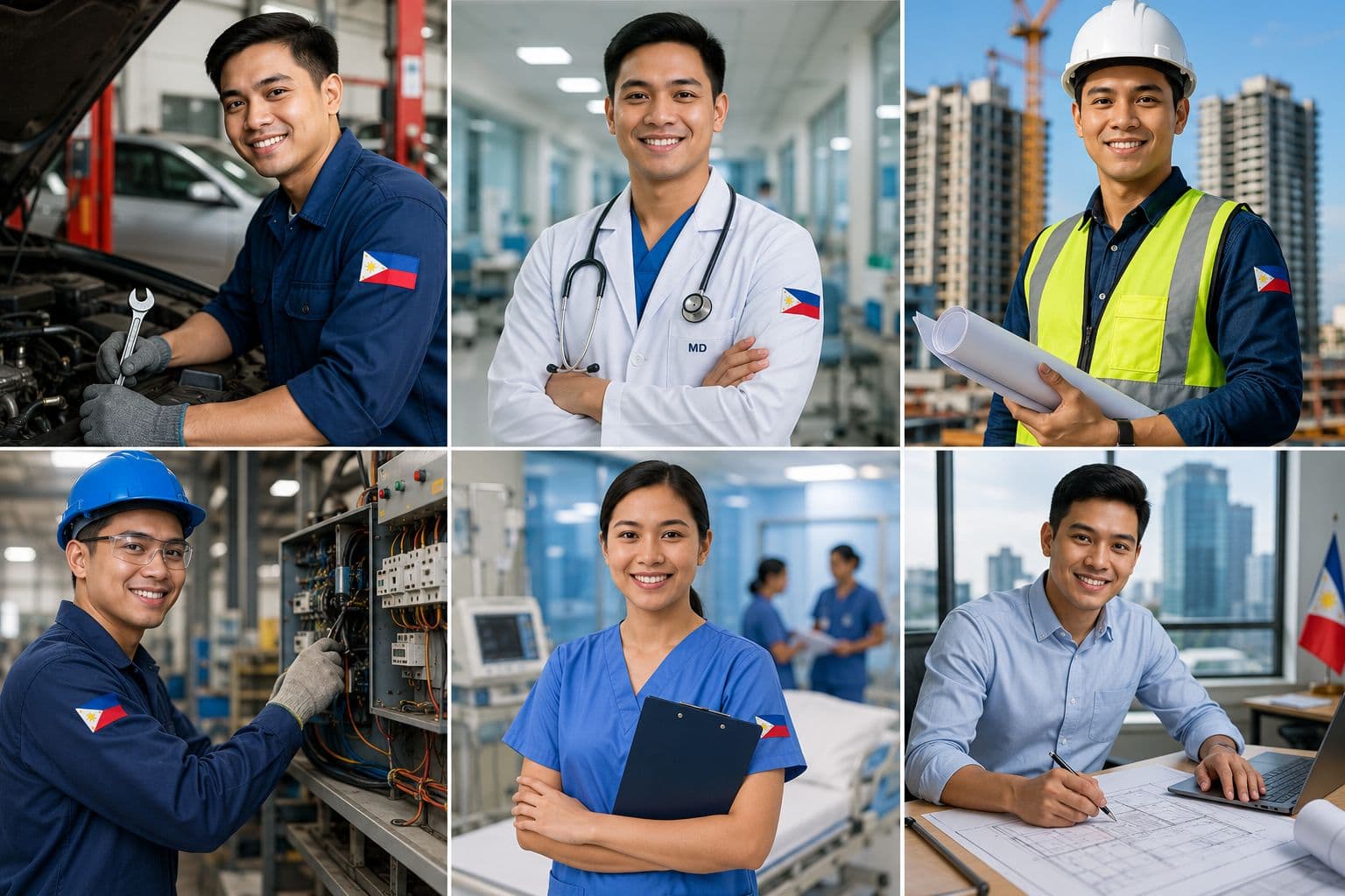 Filipino professionals across mechanic, medical, engineering, electrical, nursing, and office roles
